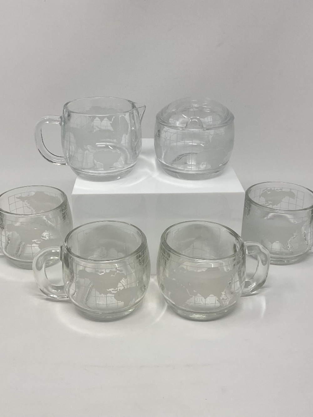 Nestle Nescafé World Globe Etched Coffee Mugs, Lidded Sugar & Creamer Set